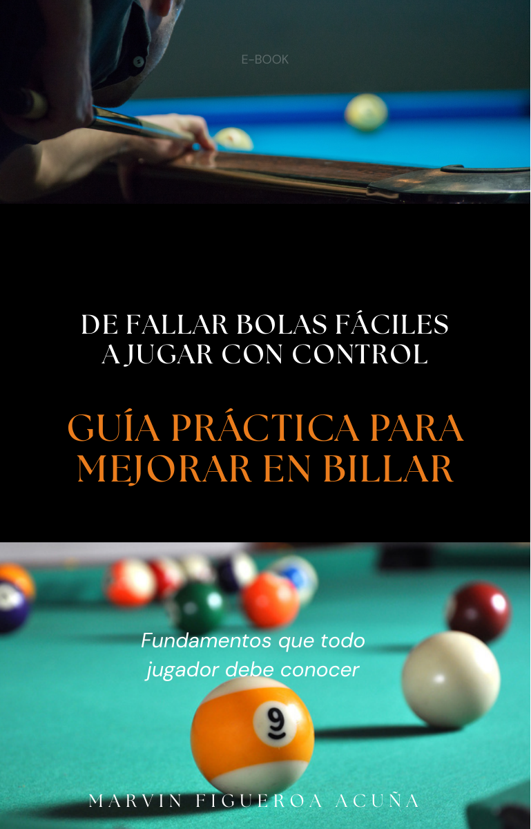 Portada de Guía práctica para mejorar en billar, de Marvin Figueroa Acuña, abierta en la pantalla iluminada de una tablet